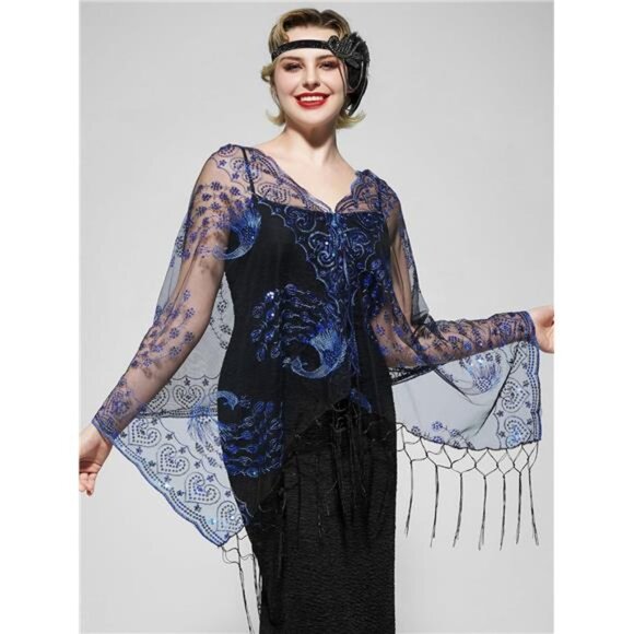 Accessories - Women's Long Shawl Wraps, Sequin Flapper Blue1